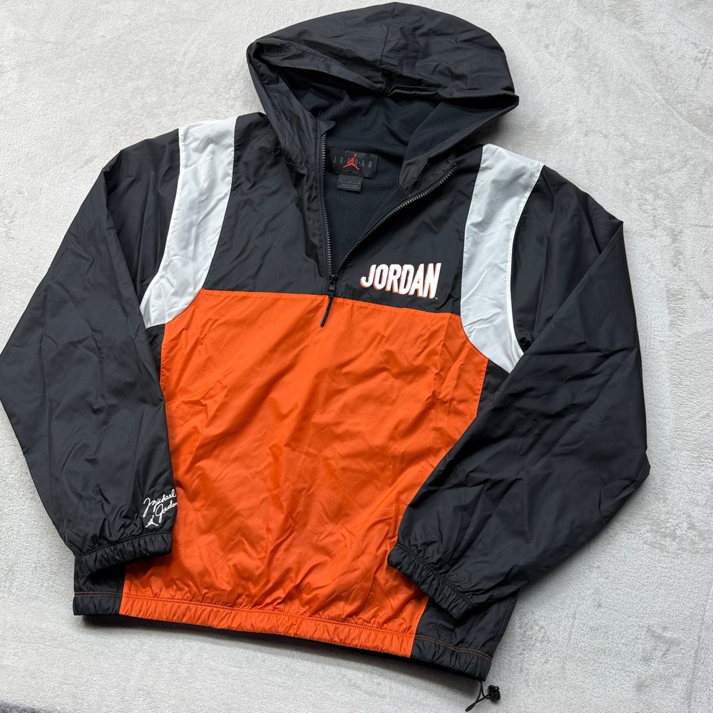 Jordan Hooded Windbreaker Jacket Mens Medium Black Orange Jumpman Pullover